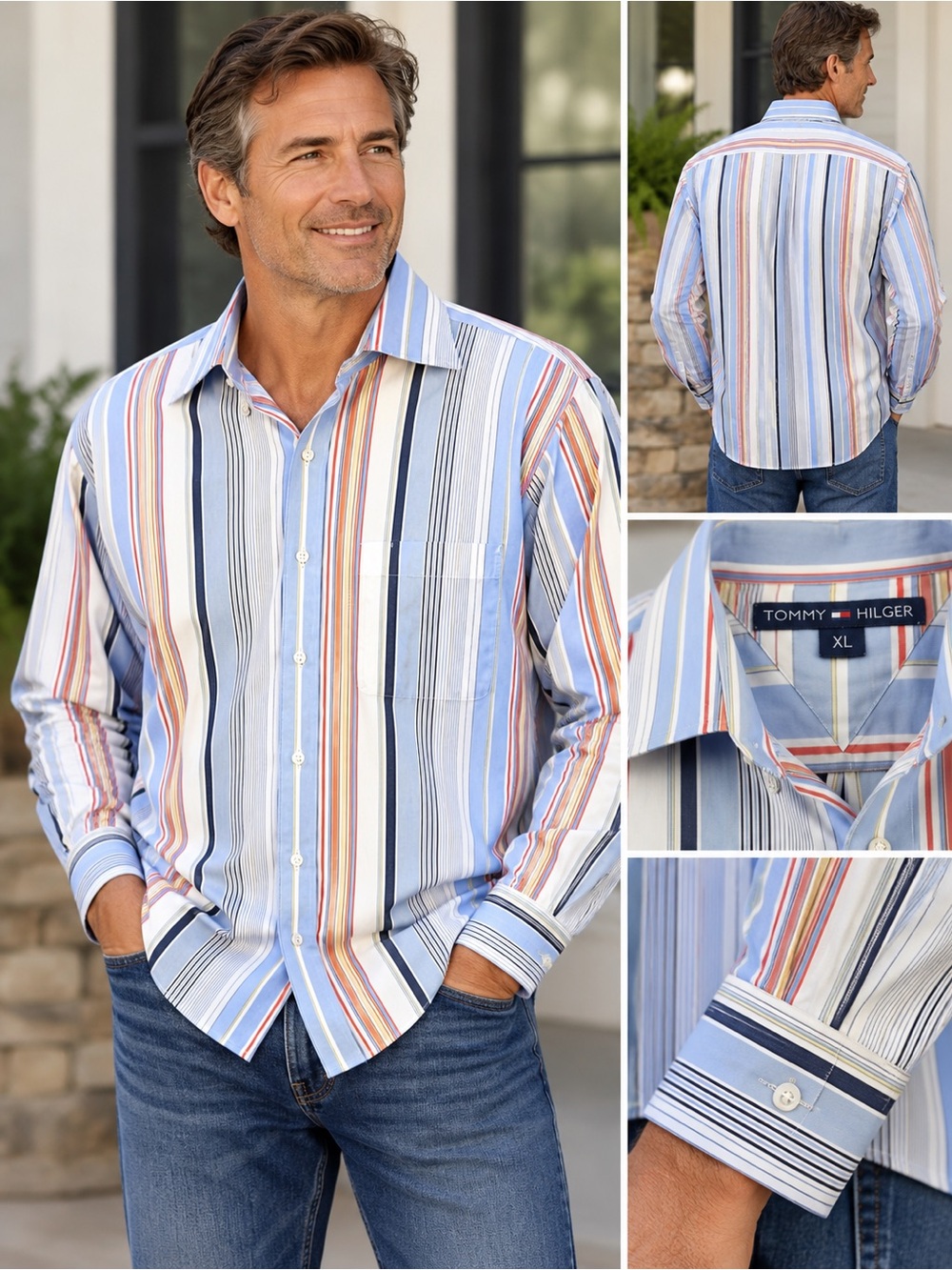 Tommy Hilfiger Men’s Striped Button-Down Shirt in Light Blue, White, Navy & Red